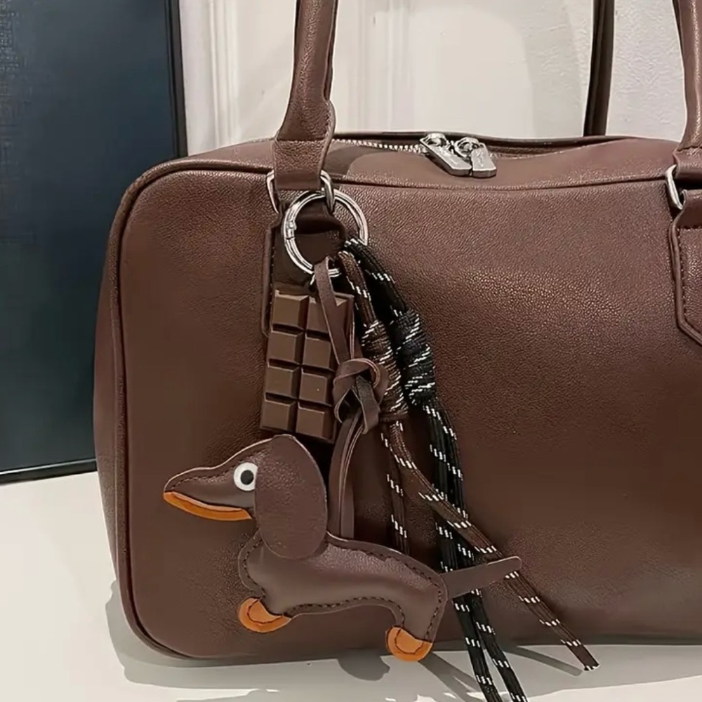 Brown Leather Dachshund & Chocolate Bar Bag Charm NWT